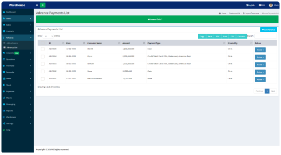 Advance Payments List